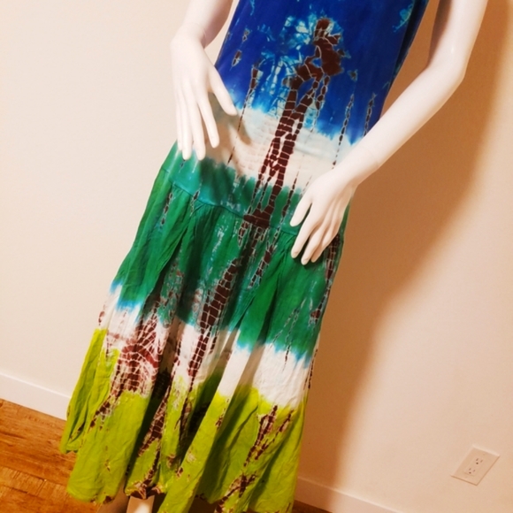 SOLATAIRE Teal Blue Brn Wht Tie Dye Dress- Vintage-NWT-L - Picture 3 of 8